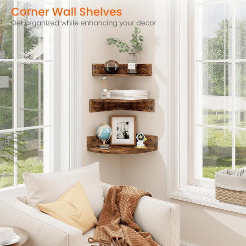 Set 3 3 Homode Corner Shelf Wall Mount, of Floating Corner Shelves with Cord Hole, Tier Wood Wall Display Shelf