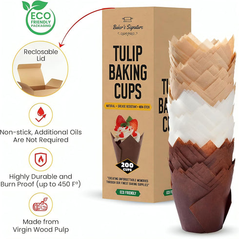 Tulip Cupcake Liners - 200pcs Muffin Liners for Baking, Sturdy, Greaseproof, Easy to Use, Beige White Brown