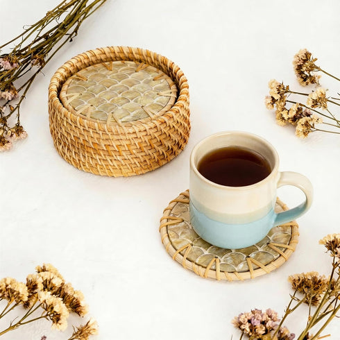 Set 6 JUNGLE CULTURE Mother of Pearl Rattan Coasters for Drinks with Holder Handmade Round Coaster of Wicker Homeware