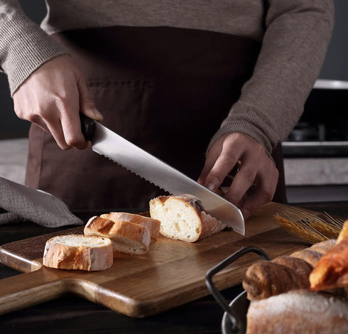 Bread Knife 8 Inch with Sheath, German High Carbon Stainless Steel, Ergonomic Grip Full Tang Wood Handle