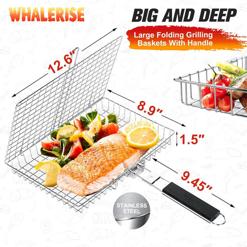 WHALERISE 6pcs,Basting Grill Basket for Outdoor Grill, Stainless Steel Grilling Basket with Foldable Handle, Portable