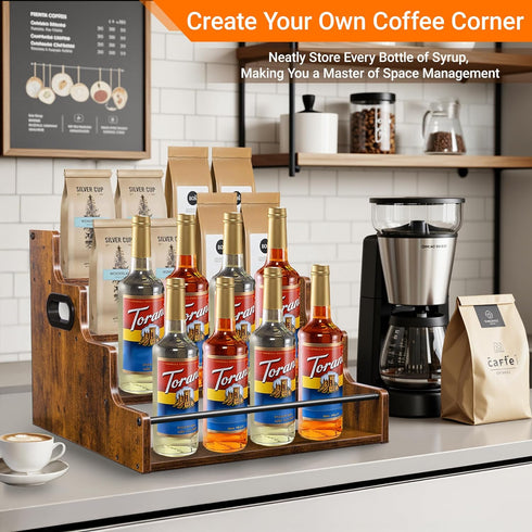 YQBRAO 4-Tier 16-Inch Countertop Tiered Liquor Bottle Display Shelf - Rustic Wood Liquor Rack & Coffee Syrup Organizer