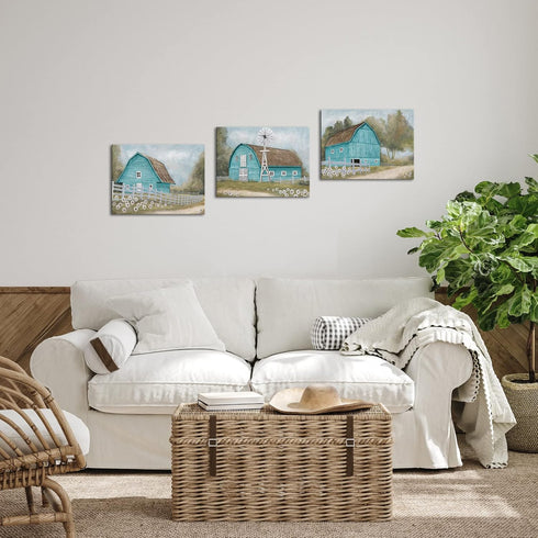 HOMEOART Farmhouse Wall Art - Country Barn Painting Picture, Framed Ready to Hang, 12x16inchx3 (Turquoise)