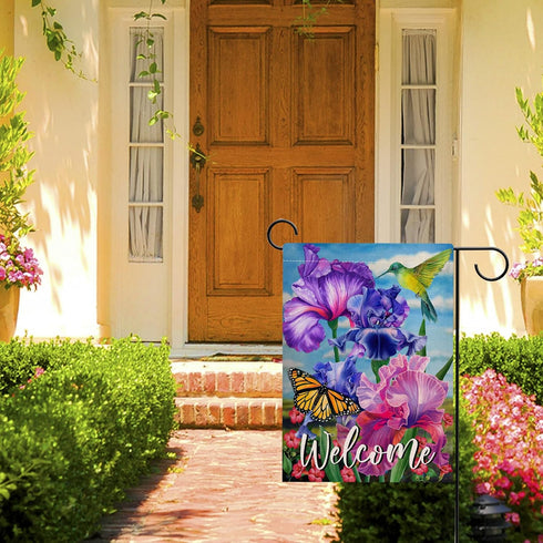 Welcome Spring Hummingbird Iris Garden Flag, Double Sided Purple Flower Bird Yellow Butterfly Outdoor Decor, 12x18