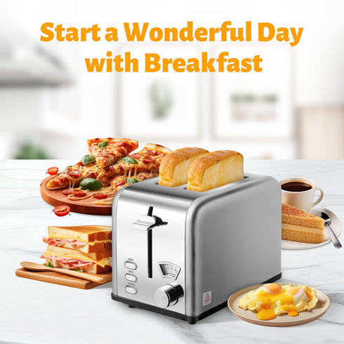 HealSmart 2 Slice Stainless Steel Toaster, Extra Wide Slot, Removable Crumb Tray, Retro Compact Oven, Silver