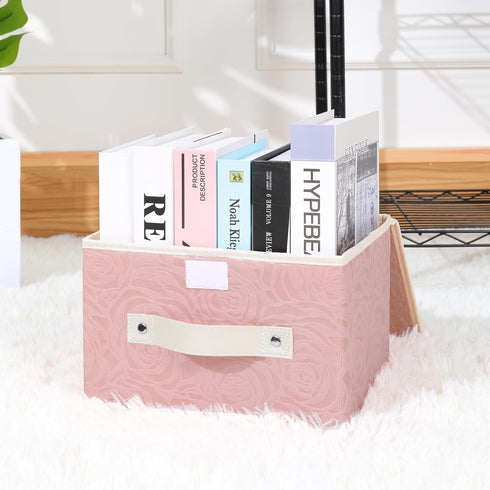 ANMINY Fabric Storage Bin with Lid, Rose Print Storage Box with PU Leather Handles, Washable PP Plastic, Pink, Small