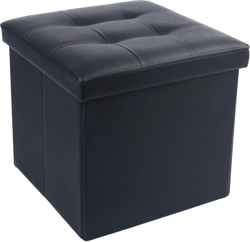 LotFancy Foldable Storage Ottoman, Small Leather Bench with Storage, 13x12x12 Inches, Holds up to 260 lb, Black