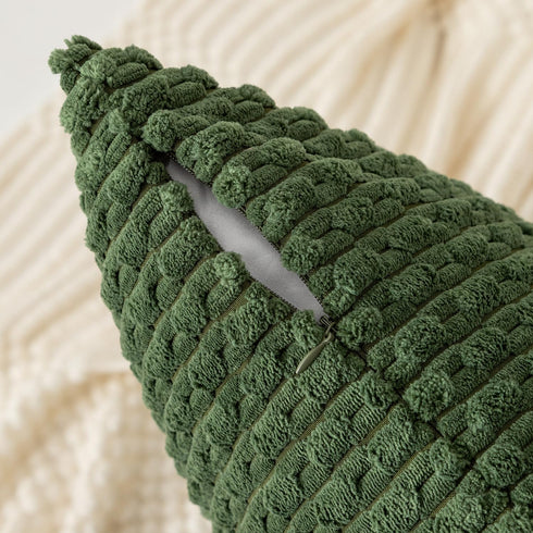 Kevin Textile Throw Pillow Covers, Set of 2 Soft Corduroy Decorative Boho Striped Pillowcases, 24x24 Inch Moss Green