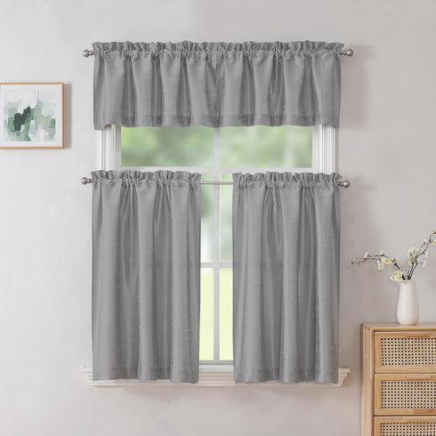 Uptown Silver Grey Valance for Window, Faux Silk Room Darkening Slub Fabric Small Kitchen Window Valance for Farmhouse Bedroom Basement Bathroom Toppers Windows, 60Wx14L Inch,