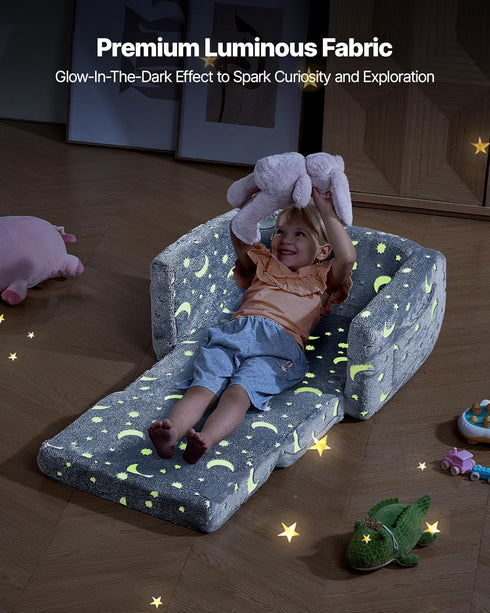 2-in-1 28D VEVOR Kids Sofa, Foldable Toddler Soft Couch with Armrests, Glow in The Dark Kids Couch Fold Out with Sponge
