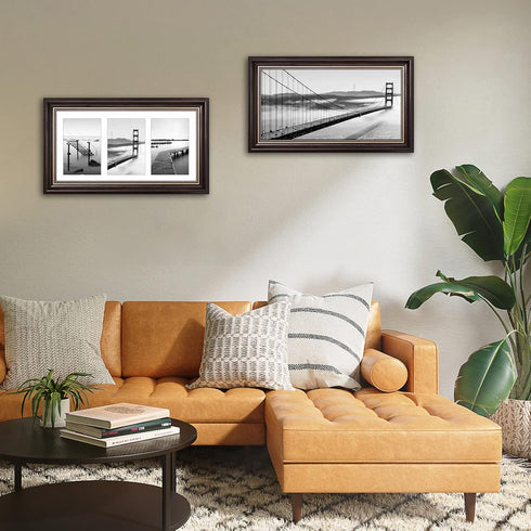 Space Art Deco 7x14 Collage Picture Frame with 3 Openings for Three 4x6 Photos or 7x14 Prints, Dark Brown/Ornate Gold