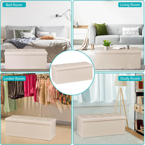 Nouva 43 Inches Ottoman Storage Bench, Folding Design Chest Faux Leather Ottomans Footrest for Bedroom Living Room