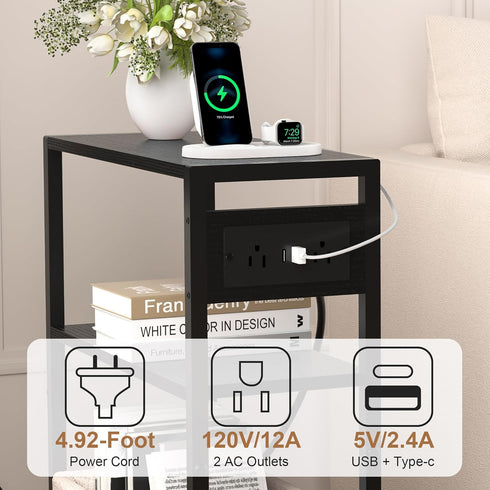 Small Narrow Side Table with Charging Station, Skinny End Table for Small Spaces, Slim Nightstand with Outlets, Sofa