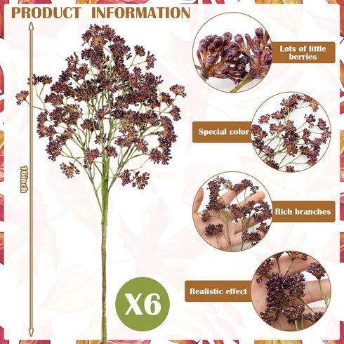 Thiccywoov 6 (16 Inch) Pcs Plum Faux Berry Stems Artificial Dusty Sedum Berry Stems Picks Branches Faux Spray for DIY
