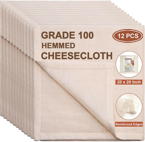 Cheese Cloths, 12 PCS Precut 20x20 Inch, Grade 100 Hemmed for Straining Cooking, Reusable Cotton Muslin Cloth