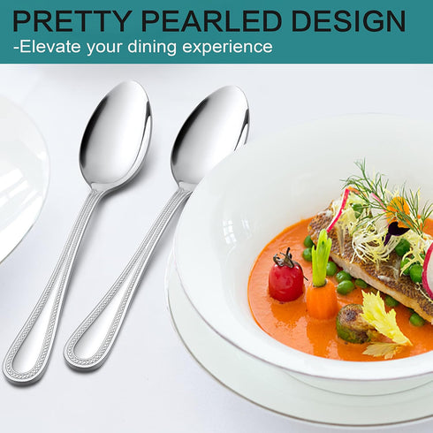 E-far 12-Piece Dinner Spoons Set, 7.9 Inch Stainless Steel Silverware with Pearled Edge, Mirror Polished & Dishwasher