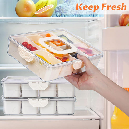 Snackle Box Container, Divided Serving Tray with Lid and Handle, Clear Organizer for Portable Snack Platters