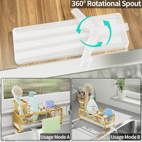 SWTYMIKI Sponge Holder for Kitchen Sink - Sink Caddy with Brush Holder Self-draining Kitchen Sponge Caddy Organizer with Divider Stainless Steel Sink Accessories Storage for Countertop, Gold by SWTYMIKI