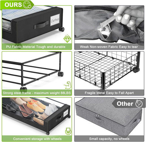 2-Pack 60L Beborxue Under Bed Storage with Wheels, Under the Bed Storage Containers with Lids, XXL Under Bed Shoes