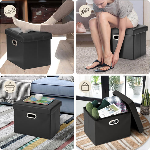 17x13x13in COSYLAND Ottoman with Storage Folding Leather Ottoman Footrest Foot Stool Black Ottoman for Room Small