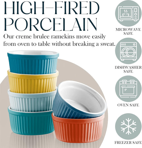 Bellemain 4 oz Porcelain Mini Bowls | Ramekins, Custard Cups, Small Baking Dish, Dipping Sauce Bowls, Set of 6 (Multi)