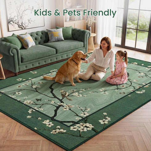 4x6 Area Rug for Living Room, Oriental Floral Birds Washable Rugs for Bedroom, Soft Low Pile Non Slip Carpet for Dining