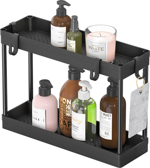 Simple Houseware 2-Tier Under Sink Organizer Storage Tray with Hooks, Black