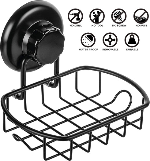 Suction Soap Dish with Hooks - Rustproof Stainless Steel SS304 Shower Soap Holder - Powerful Vacuum Suction Cup Sponge