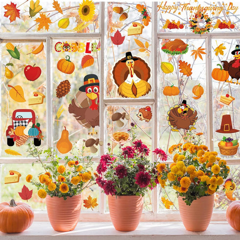 Thanksgiving Fall Window Clings Decorations, 10 Sheets Double Sided Stickers for Kids Home Office Classroom
