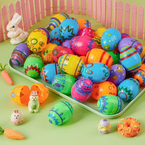36PCS 2.3" JOYIN Printed Empty Colorful Plastic Eggs Fillable, Bright Plastic Eggs Bulks for Festival Hunt, Filling