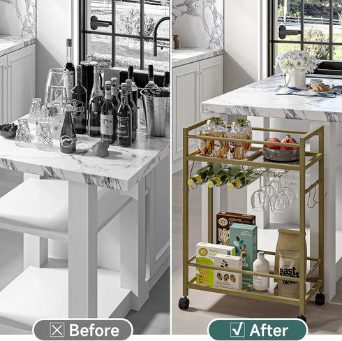 2 Bar Cart, Serving Cart for Home, Microwave Cart, Drink Cart, Wine Cart with Mirrored Shelves, Wine Holders, Glass