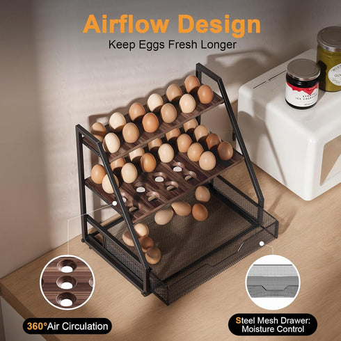 Wolera 3-Tier Countertop 36+90 Countertop 150+ Wooden Fresh Egg Holder With Basket for Eggs, Storage for with Carry