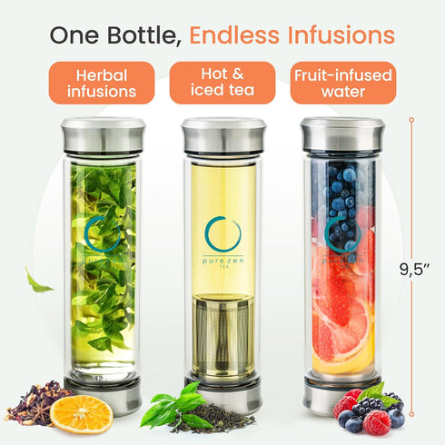 Set 13 oz Pure Zen Tea Tumbler with Infuser - Double Wall Glass Travel Mug with Stainless Steel Filter - Leakproof Tea