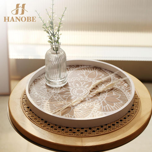 Hanobe Decorative Serving Tray Round: Farmhouse Coffee Table Decor Boho White Mandala Trays for Living Room Kitchen