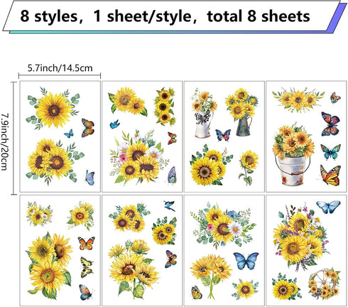 CRASPIRE 8 Sheets 8 Styles Sunflower Window Stickers Spring Summer Theme Butterfly Stickers Window Clings Wall Decor Decals for Fridge Bedroom Living Room Kitchen Store Showcase Wall Decorations