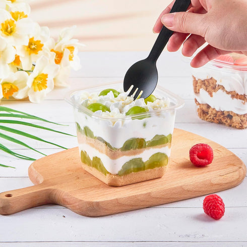 50 Pack 8 oz Kucoele Plastic Dessert Cups with Lids and Sporks, Clear Square Cake Cups Dessert Containers for Pudding