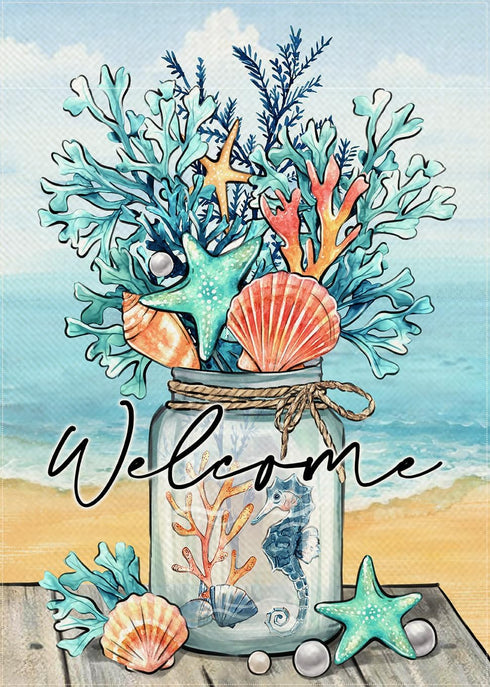Welcome Summer Decorative Garden Flag, Mason Jar Beach Coastal Coral Starfish Shell Sea Horse, 12 x 18 Double Sided