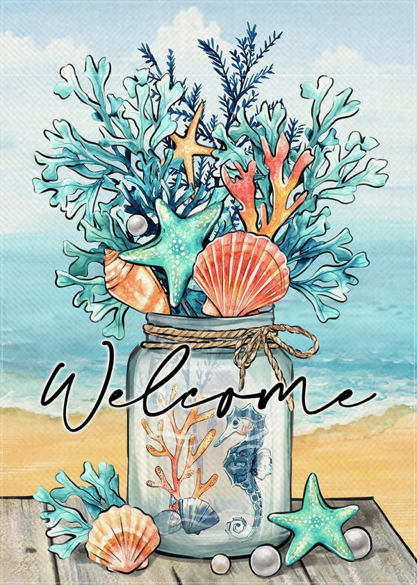 Welcome Summer Decorative Garden Flag, Mason Jar Beach Coastal Coral Starfish Shell Sea Horse, 12 x 18 Double Sided