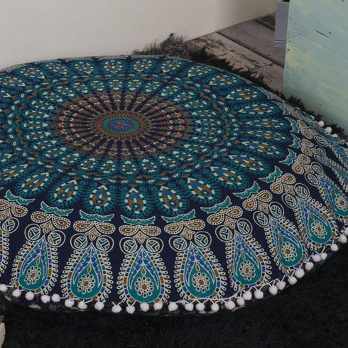 Popular Handicrafts Kp834 Large Hippie Mandala Floor Pillow Cover, 32" Blue Turquoise Round Bohemian Yoga Decor