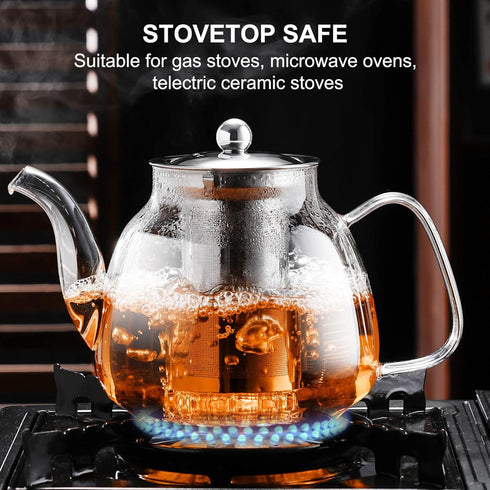 PARACITY 34 OZ Glass Teapot, Borosilicate Clear Tea Kettle with Removable Stainless Steel Infuser for Camping, Travel