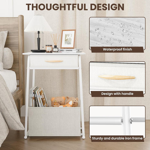 3-Tier Olldide Bedside Table with Storage, Modern Square Nightstand with Fabric Storage Basket & Drawers