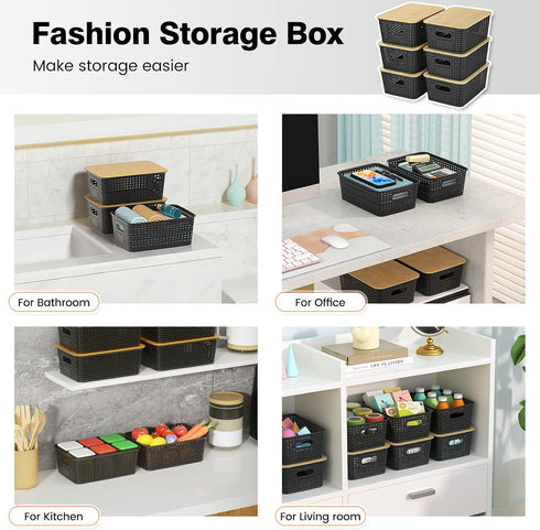 Plastic Storage Baskets with Bamboo Lid - 6 Pack Stackable Containers for Organizing Shelves, Drawers, Desktop, Office