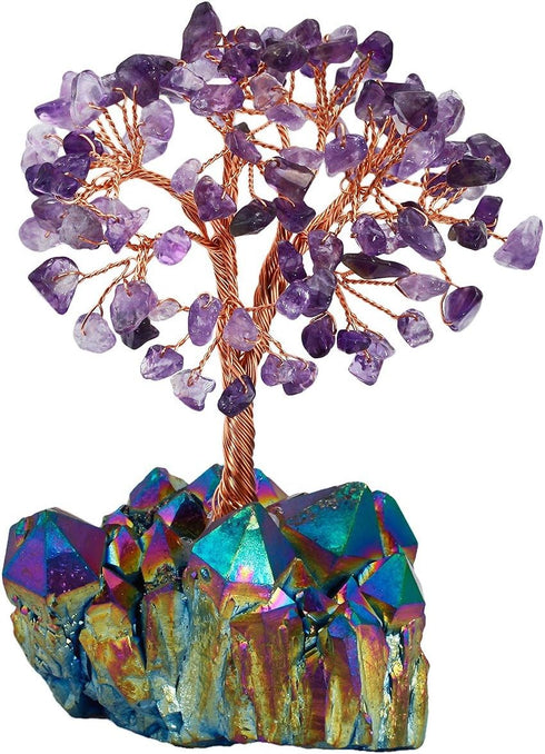 rockcloud Feng Shui Natural Crystal & Titanium Coated Quartz Mini Money Tree - Box Decoration for Wealth and Luck