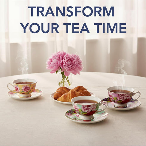 Set 6, 8 oz, Sets, BTaT- Tea Cups and Saucers, of Floral Design, Porcelain Tea Cup Dishwasher Safe