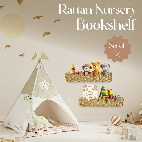 Set 2 Rattan Nursery Book Shelf, Woven Scalloped wall Shelves, Wicker Hanging Storage Basket, Baby Room Bookshelf, Wall