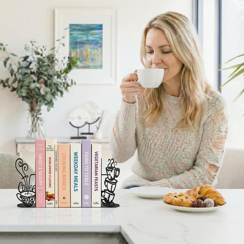ENCIMART Metal Bookends Creative Coffee Bookends Decorative Cute Kitchen Book Ends for Shelves Bookshelf Home Office