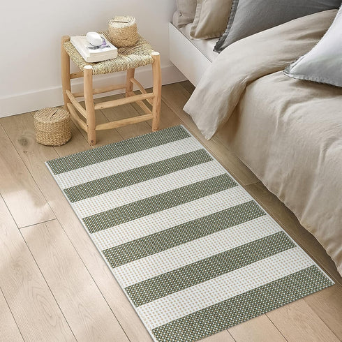 OJIA Front Door Mat, 24"x35" Green Striped Checkered Rug, Washable Indoor Outdoor Rug for Kitchen Entryway Patio