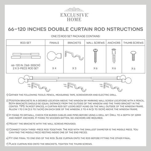 Exclusive Home Curtains ER1024-02 66120 Double Curtain Rod and Finial Set, Adjustable 66"-120", White Mosaic, Gunmetal