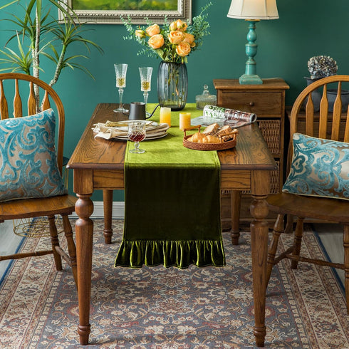 72 Inches Green,14x72 Inch Velvet Table Runner Soft Decorative Luxurious Solid Long Tablecloth with Retro Ruffle