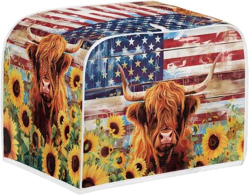 American Flag Toaster Cover, 2 Slice Wide Slot, Highland Cow Sunflower Print, Washable Stain Resistant Small Appliance